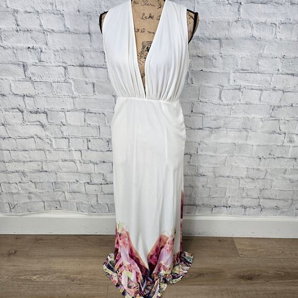 AQ/AQ snap maxi dress Sz 6 sleeveless plunge neckline pockets ACLC - Picture 1 of 4